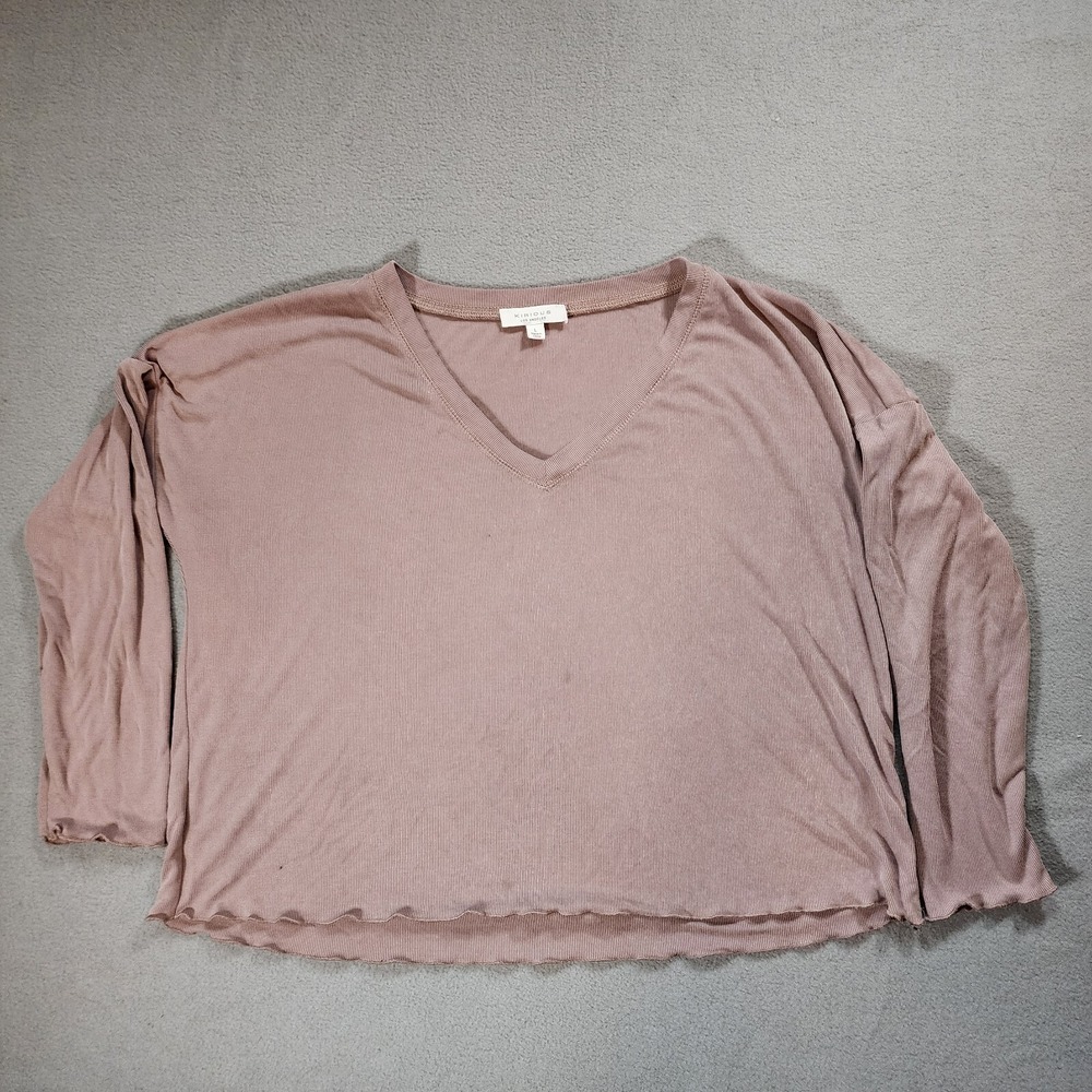 Kirious long sleeve V neck warm taupe large boxy shirt pink gray grey brown
